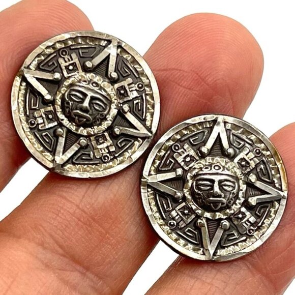 Rare-Vintage, Sterling Silver 925 Mayan Sun Dial Calendar-Cufflinks Round Mayan - Picture 1 of 7
